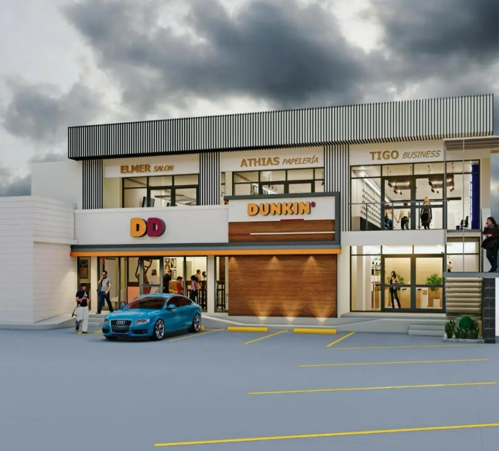 Render del Edificio Alvalí con Dunkin' Donuts y locales comerciales